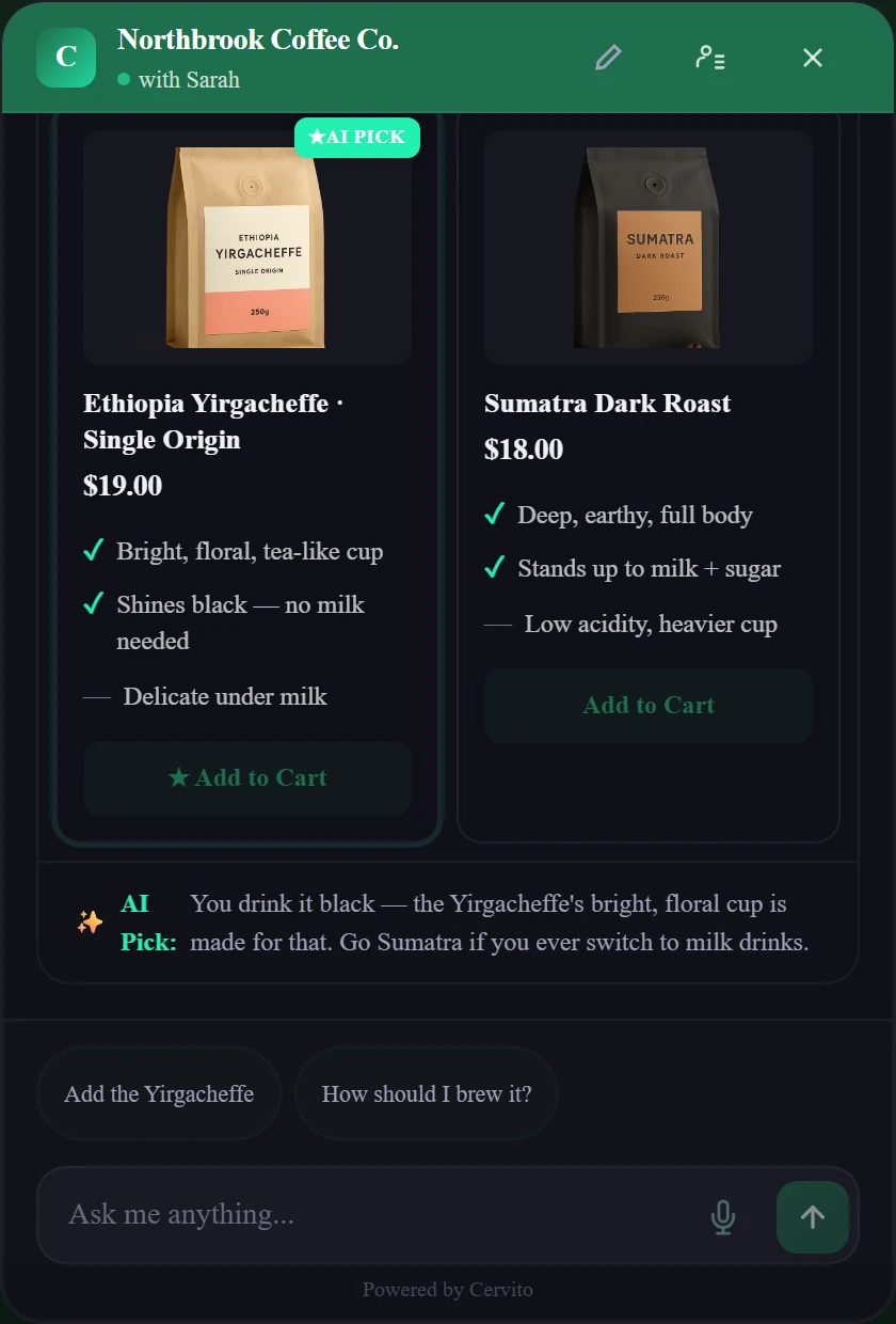 The real Cervito widget: two coffees compared side by side with pros, cons, and a reasoned AI pick